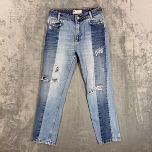 Free People Straight Jeans Women's Size 25 Blue Patchwork Distressed Two Tone